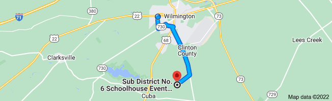My location Head south on S Nelson Ave toward Ledex Dr 0.9 mi Turn left onto W Truesdell St 0.6 mi Turn right onto Randolph St 0.6 mi Turn right onto S South St 0.2 mi Turn left onto OH-134 S 3.6 mi Turn right onto Brown Rd 1.2 mi Sub District No. 6 Schoolhouse Event Center, 1399 Brown Rd, Wilmington, OH 45177